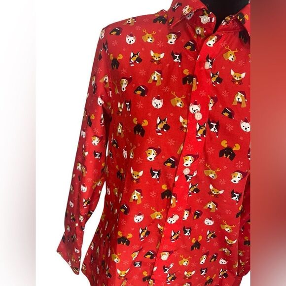 SIMON BANKS CHRISTMAS FESTIVE HOLIDAY PARTY SANTA CLAUS DOG BUTTON UP MENS SMALL - Picture 7 of 9